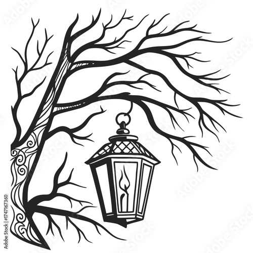 Black outline lantern hanging from bare tree branches