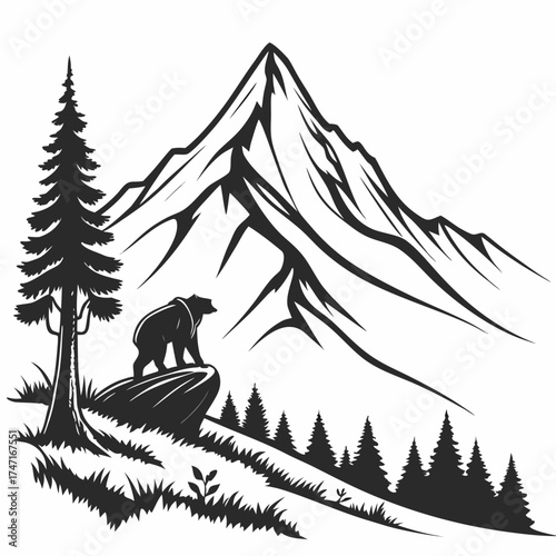 Black silhouette bear on rock with pine tree and mountain