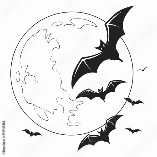 Black silhouette bats flying around a full moon night