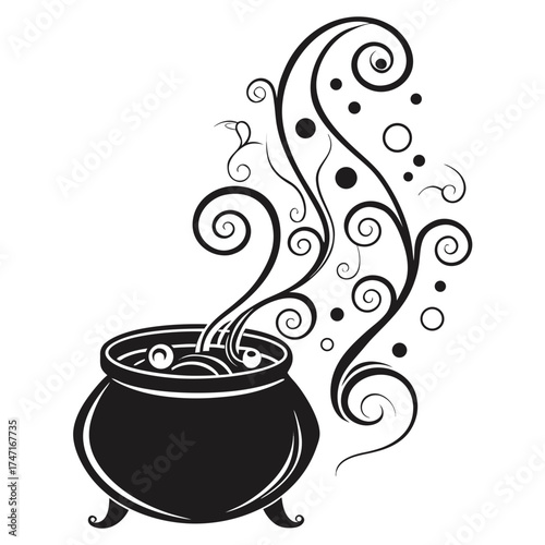 Black silhouette of a cauldron with bubbling potion and swirls 1