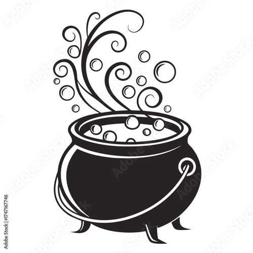 Black silhouette of a cauldron with bubbling potion and swirls 2