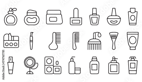 Makeup tools and skincare products icon set – black and white vector line art for cosmetic and fashion themes