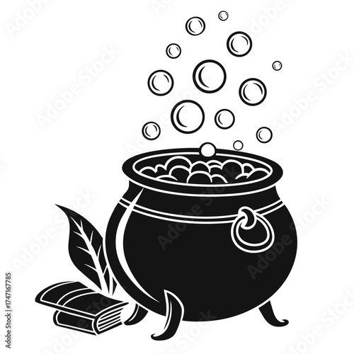 Black silhouette of a cauldron with potion bubbles and a book