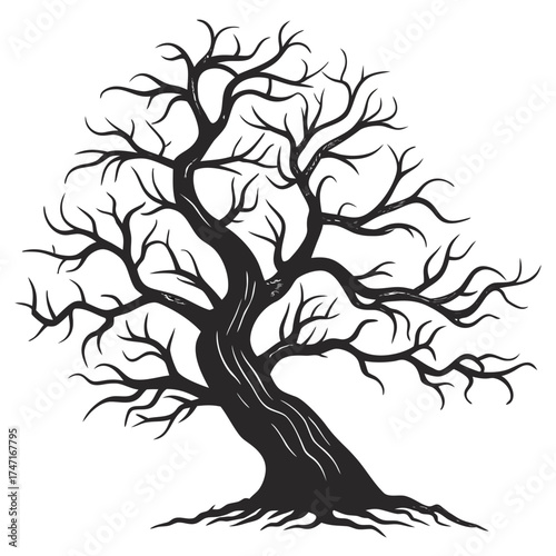 Black silhouette of a gnarled bare tree with crooked branches 2