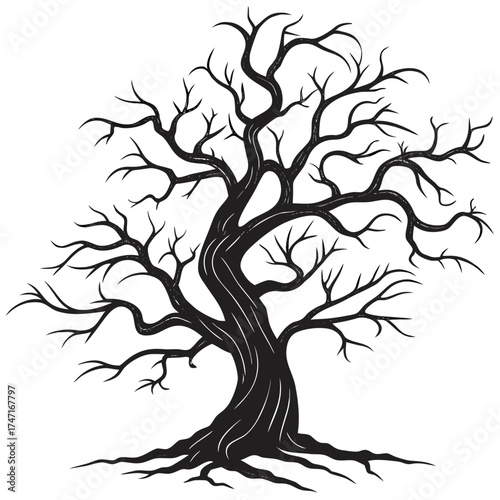 Black silhouette of a gnarled bare tree with crooked branches 1