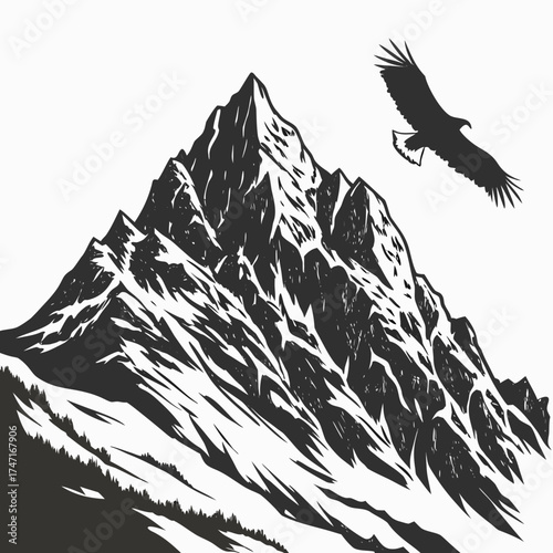 Black silhouette of a mountain peak with an eagle flying