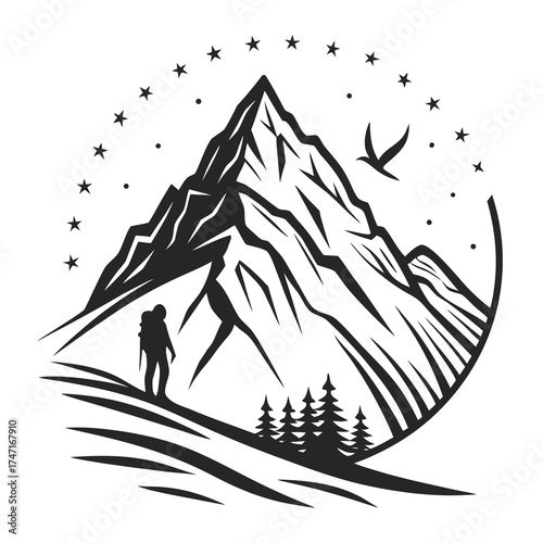Black silhouette of a mountain with a hiker and trees