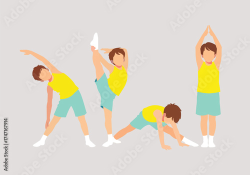Vector art of boy in different yoga poses