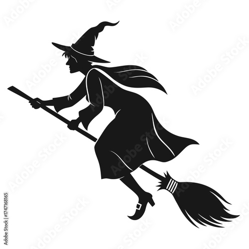 Black silhouette of a witch flying on a broomstick