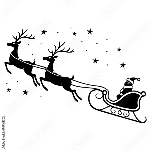 Black silhouette of Santa Claus in a sleigh pulled by reindeer