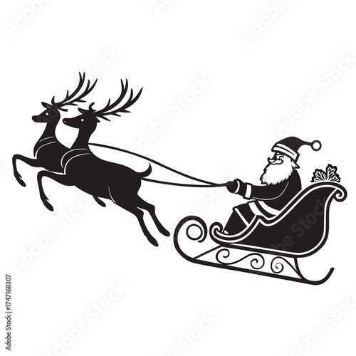 Black silhouette of Santa Claus in a sleigh pulled by two reindeers