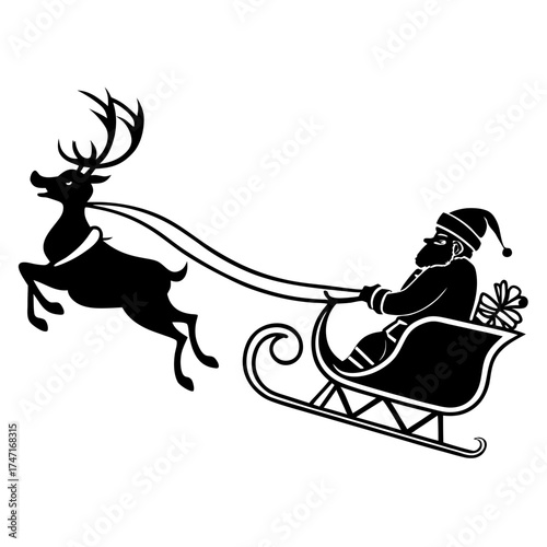 Black silhouette of Santa Claus in sleigh pulled by reindeer 1
