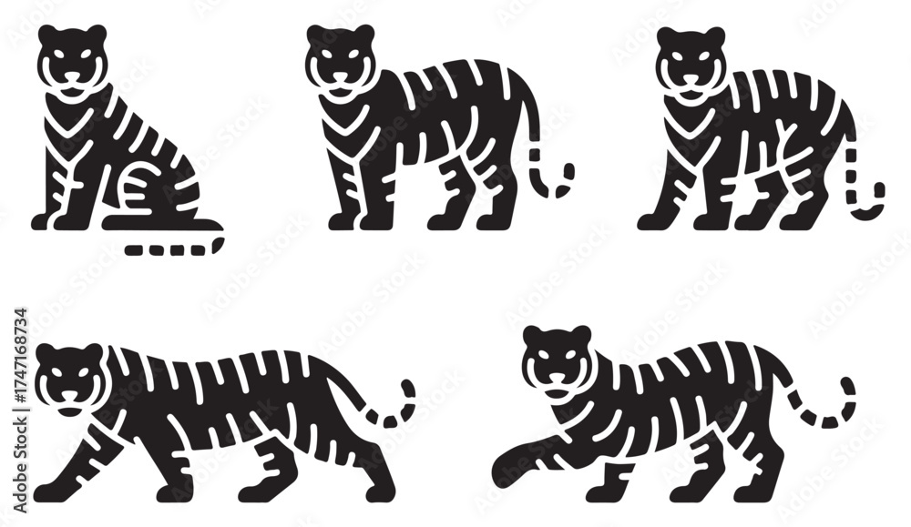 Obraz premium Collection of tiger poses – wildlife vector silhouettes representing strength, jungle life, and nature conservation themes