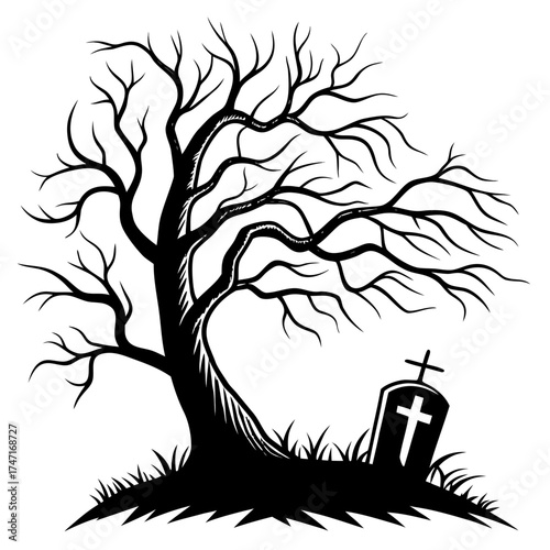 Black spooky bare tree and grave spooky tree dead tree
