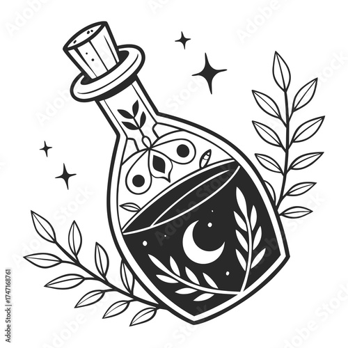 Black spooky potion bottle with moon and stars elixir
