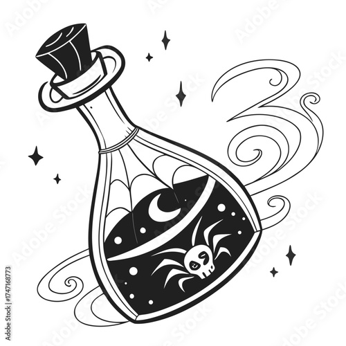 Black spooky potion bottle with spider skull moon and stars