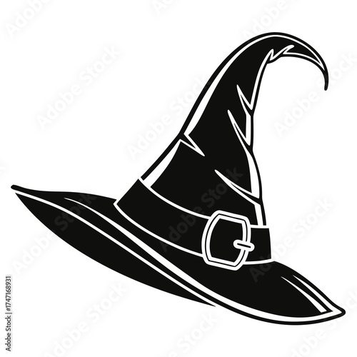 Black witch hat with buckle and curved brim white silhouette