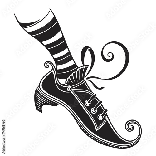 Black witch shoe with striped sock and curled toe black vector