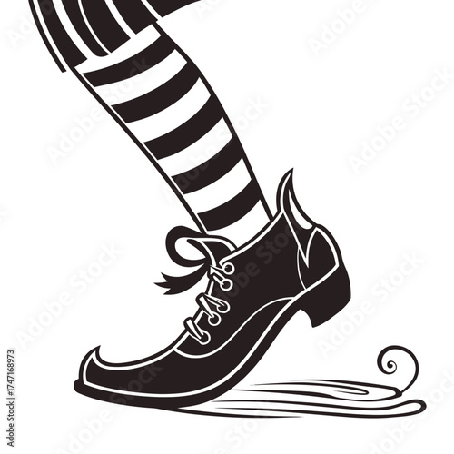 Black witch shoe with striped stocking and curled toe