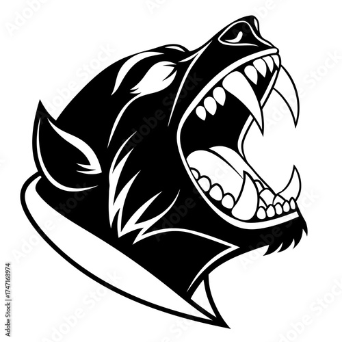 Black wolf head snarling with sharp fangs sharp teeth