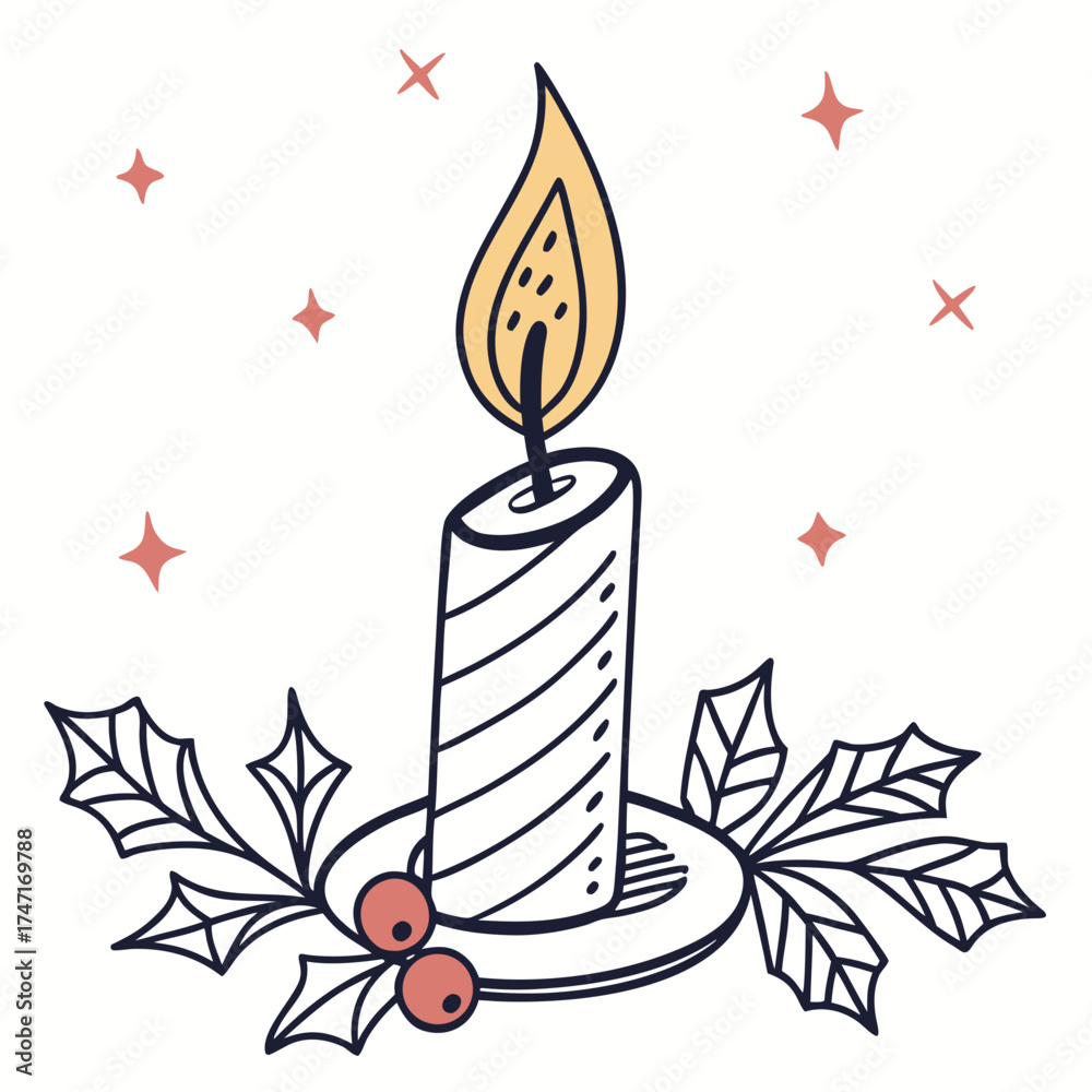 Fototapeta premium Christmas candle with holly and berries flame