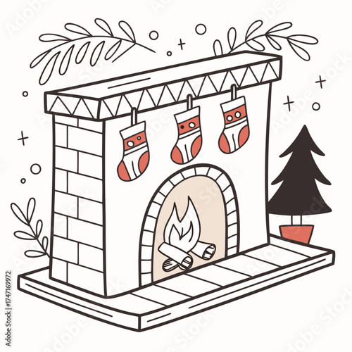 Christmas fireplace with stockings and tree holiday