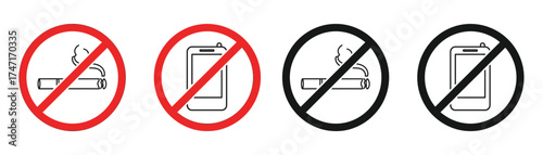 Vector art of a set of four no smoking and no phone icons, in red and black, , representing restrictions, prohibitions, and safety regulations in public areas transparent background