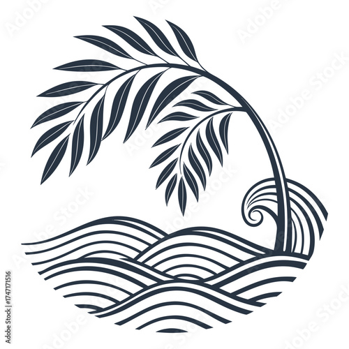 Dark blue palm frond over stylized ocean waves palm leaf