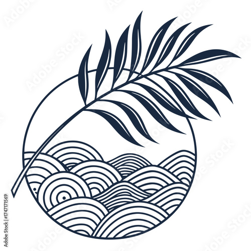 Dark blue palm frond over wavy lines circle palm leaf