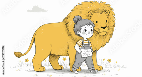 Brave child walking confidently with a friendly lion in a whimsical outdoor scene