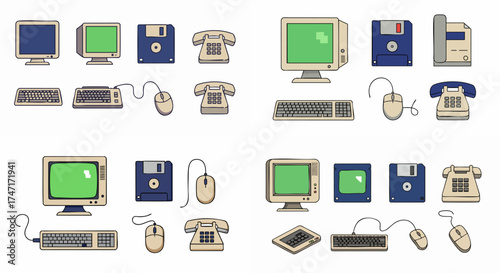 Retro technology collection featuring vintage computers phones and floppy disks