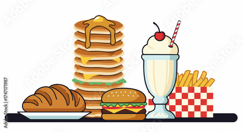 Delicious breakfast and lunch foods arranged together on a table illustration