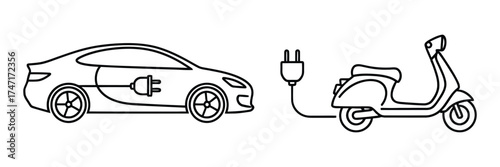 Vector art of electric car and scooter with plug concept of ecofriendly transport, green energy, and sustainable mobility vector illustration of alternative vehicle transparent background