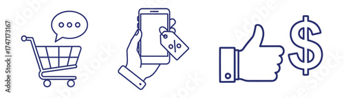 Vector art of online shopping and ecommerce concept shopping cart with speech bubble, hand holding smartphone with discount tag, thumbs up and dollar sign transparent background