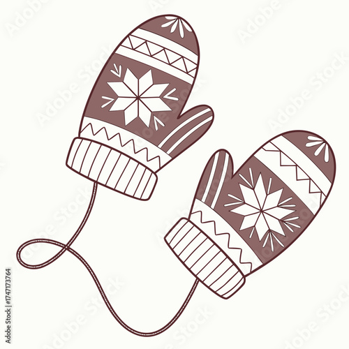 Knitted mittens with snowflake pattern and string gloves