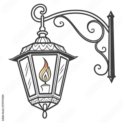 Ornate wall mounted lantern with glowing candle flame