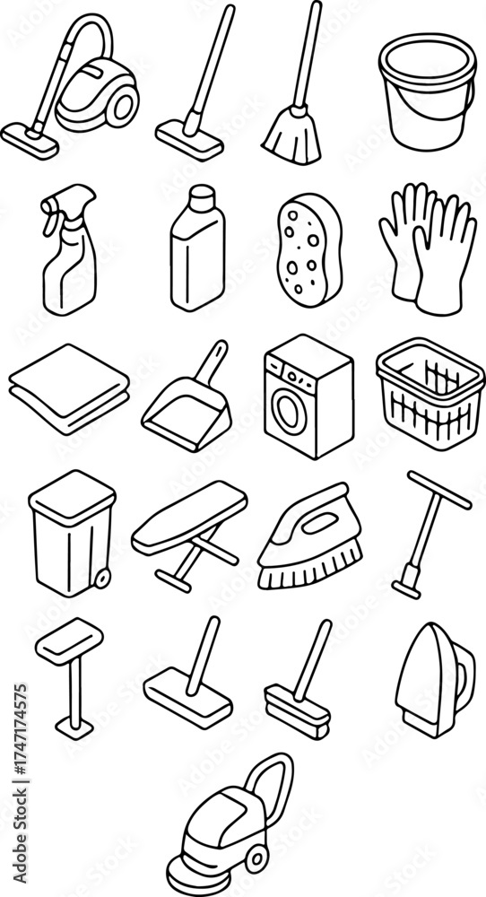 Fototapeta premium set of icons of various tools and equipment for house cleaning and cleaning in line art and isogelia style