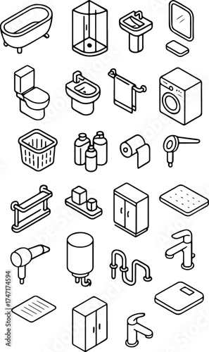 set of icons of various equipment, elements, furniture and tools on the theme of spending time in the bathroom in line art and isogelia style
