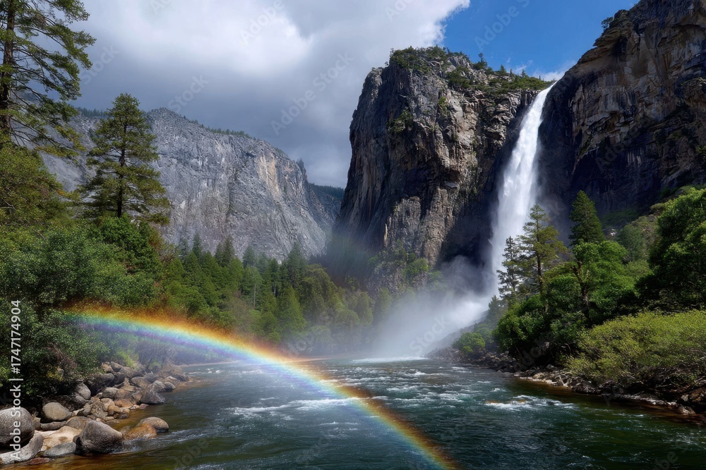 Obraz premium Waterfall cascades in a stunning landscape with a rainbow and mountains in the background