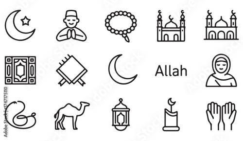 Islamic vector icons set – black and white religious symbols including mosque, Quran, crescent moon, and lantern for Ramadan and Eid design themes