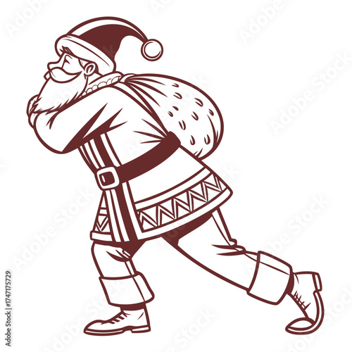 Santa Claus with sack walking flat design christmas