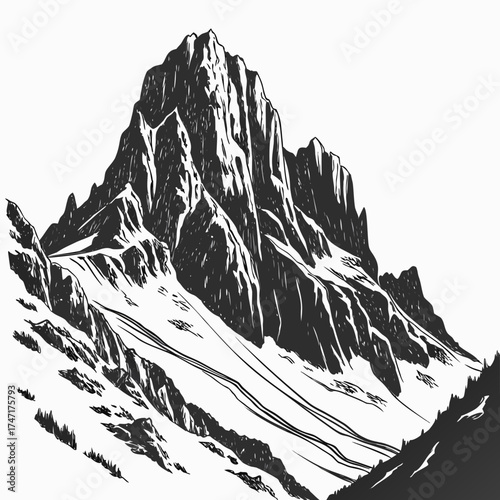 Sharp black and white mountain range crest peak summit