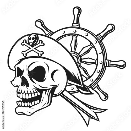 Skull and crossbones pirate hat with ship's wheel vector