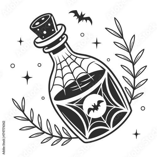 Spooky potion bottle with bat and spiderweb elixir
