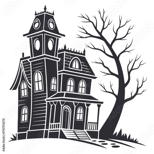 Spooky haunted mansion with bare tree silhouette haunted house