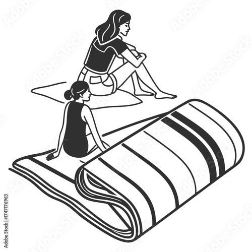 Two women sitting on folded striped beach towel minimal
