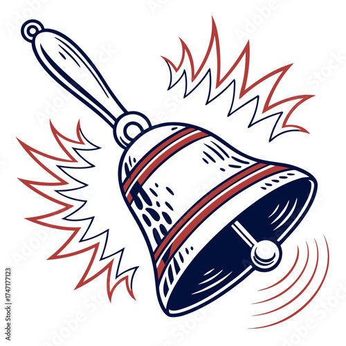 White hand bell with red and blue sound waves ringing