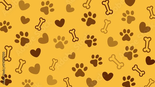 Hearts, paw prints, and dog bones form a cute doodle pet pattern perfect for animation background designs, stationery, or accessories. Ideal for pet digital themed. seamless loop animated