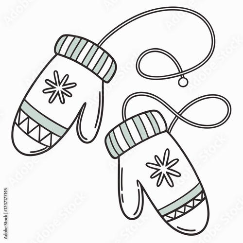 White mittens with snowflake pattern and string gloves