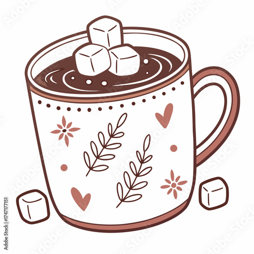 White mug with hot chocolate and marshmallows drink